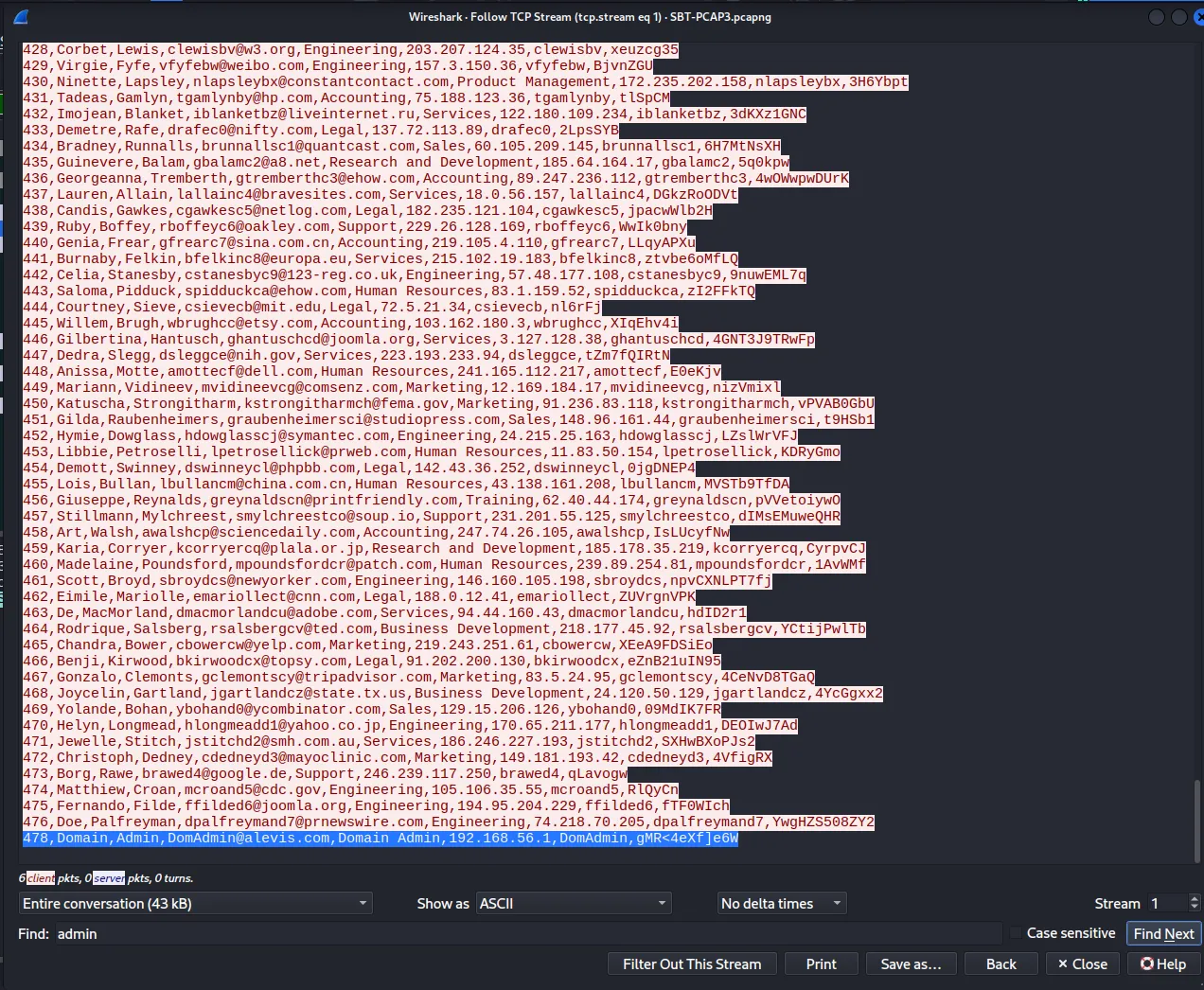 Wireshark Protocol Hierarchy - Exfiltrated CSV & Credentials