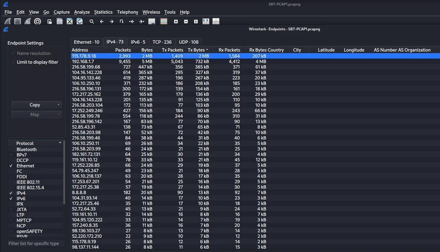 Wireshark Endpoint Statistics - Top Talker